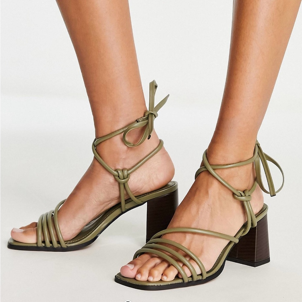 ASOS Design Hollow strappy tie leg mid heeled sandals in green